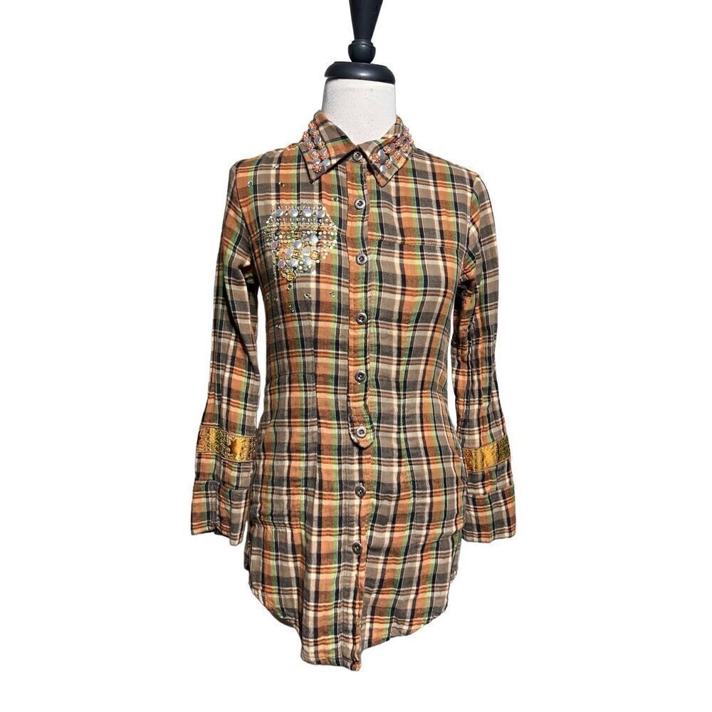 Faith Orange Ling Sleeve Embellished Plaid Button Down Shirt Size XS